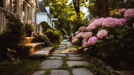 Clusters of flowers along stone walkway warmly lit by the morning sun in a quiet neighborhoodの素材