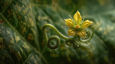 Detailed macro of watermelon flower on stem with curling tendril and textured leaf backgroundの素材