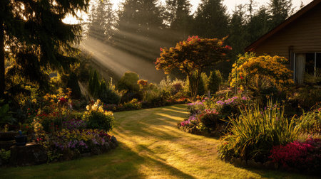 Early sun rays pour across flowerbeds and green grass in a calm, residential front yardの素材