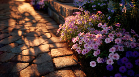 Clusters of flowers along stone walkway warmly lit by the morning sun in a quiet neighborhoodの素材