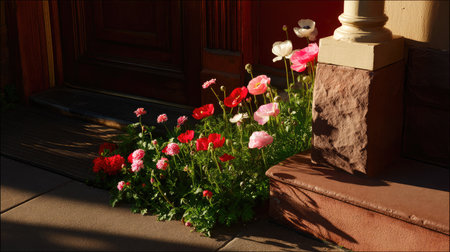 Close-up of garden flowers in full bloom near a front stoop, touched by warm morning lightの素材