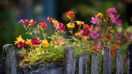 Early light streaming between fence slats falls on a vibrant cluster of fresh front yard bloomsの素材