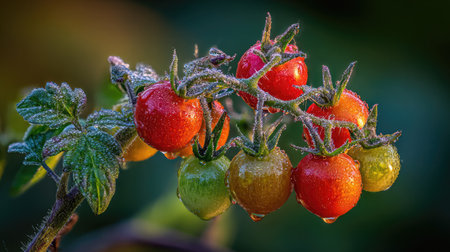 Cluster of cherry tomatoes ripening on the vine with dew on the leaves and soft morning lightの素材