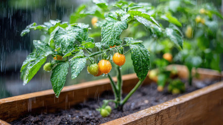 Container-grown tomato plant on patio with soil, water droplets, and young fruit budsの素材