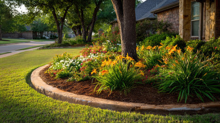 Curved flower bed in suburban front lawn blooms beneath soft rays of morning lightの素材