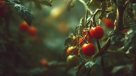 Healthy tomato plant with ripe red tomatoes hanging on the vine, surrounded by lush green leaves in soft lightの素材