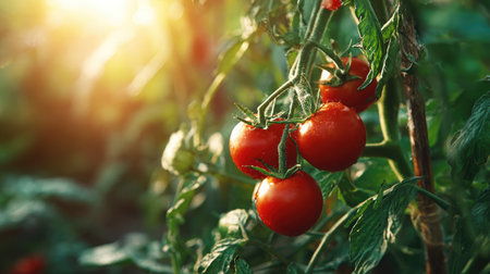 Healthy tomato plant with ripe red tomatoes hanging on the vine, surrounded by lush green leaves in soft lightの素材
