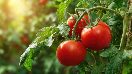 Healthy tomato plant with ripe red tomatoes hanging on the vine, surrounded by lush green leaves in soft lightの素材