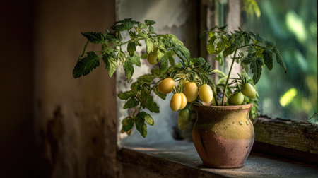 Indoor tomato plant by a window in clay pot with visible sunlight and growing fruitsの素材