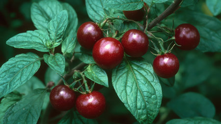 Harvest-ready tomato plant with multiple ripe and glossy red fruits surrounded by leavesの素材