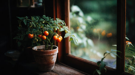 Indoor tomato plant by a window in clay pot with visible sunlight and growing fruitsの素材