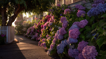 Hydrangeas in bloom near a walkway glow with pastel colors in the morning sunの素材
