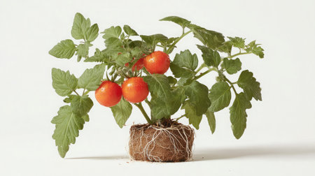 Isolated tomato plant against white background in a small pot showing roots and leavesの素材