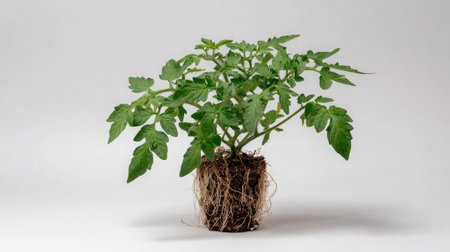 Isolated tomato plant against white background in a small pot showing roots and leavesの素材