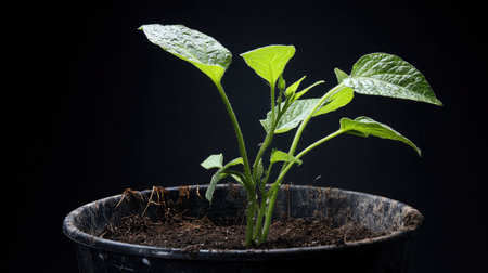 Isolated watermelon plant growing in black pot with dark soil and new growth formingの素材