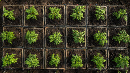 Overhead view of tomato plants growing in well-organized raised beds with drip irrigationの素材
