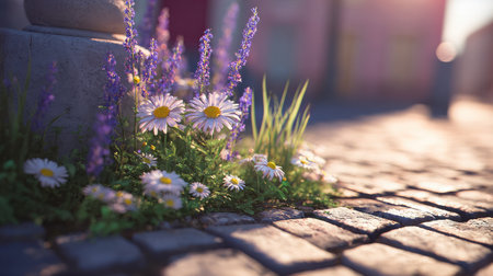 Lavender and daisies bloom beside a cobblestone path, illuminated by soft morning sunの素材