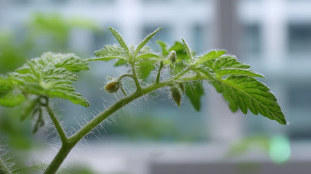 Macro shot of tomato plant stem and fuzzy leaves with sharp focus and blurred backgroundの素材