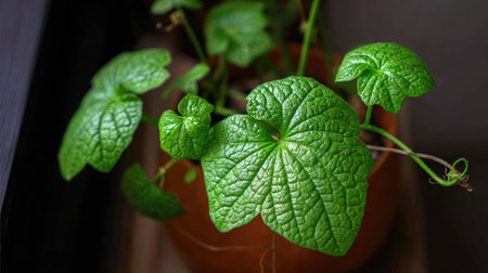 Leafy watermelon plant showing its textured foliage with visible veins and small tendrilsの素材