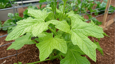 Leafy watermelon plant showing its textured foliage with visible veins and small tendrilsの素材