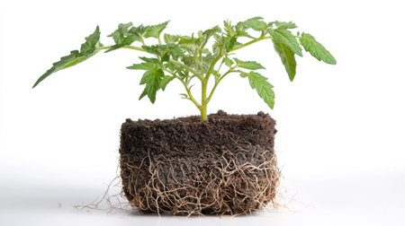 Isolated tomato plant against white background in a small pot showing roots and leavesの素材