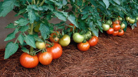 Organic tomato plant with mulch at base and tomatoes in mixed ripeness stagesの素材