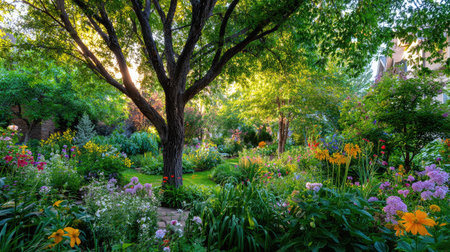 Morning light filters through leafy trees onto a front yard filled with vibrant garden bloomsの素材