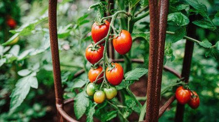 Healthy tomato vines intertwined around metal support cage with red and green fruitsの素材