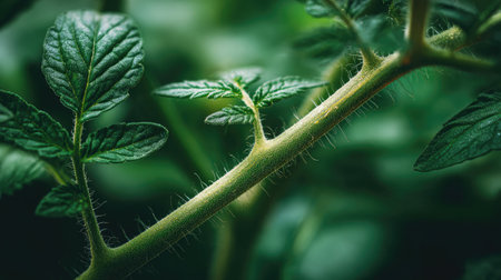 Macro shot of tomato plant stem and fuzzy leaves with sharp focus and blurred backgroundの素材