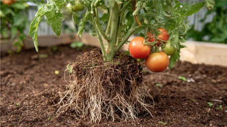 Healthy tomato plant rooted in compost-rich soil, producing fruit under bright sunの素材