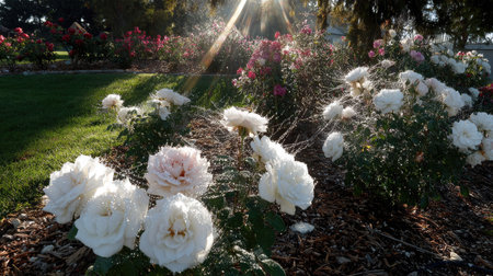Glistening dew covers fresh petals as sunlight filters through tall shrubs in a front yardの素材