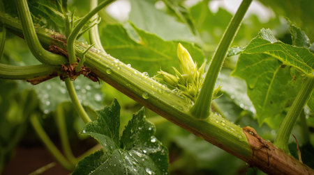 Close-up of stem node on watermelon vine with new leaf and flower buddingの素材