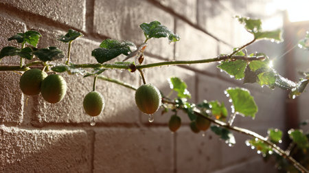 Morning light shining on watermelon vine with dew-covered leaves and early fruitの素材