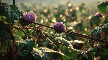 Morning light shining on watermelon vine with dew-covered leaves and early fruitの素材