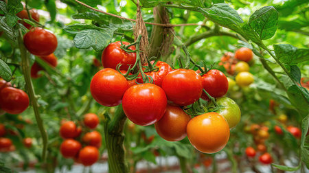 Mature tomato plant in bloom with different stages of fruit growth from green to redの素材