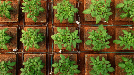 Overhead view of tomato plants growing in well-organized raised beds with drip irrigationの素材