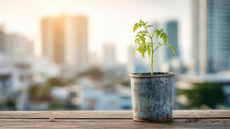 Rooftop garden tomato plant in bucket planter with urban buildings in soft backgroundの素材