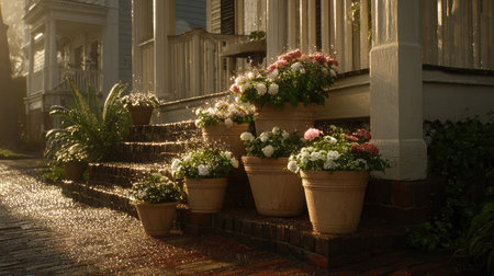 Neatly arranged flower pots on a front step sparkle with dew under gentle morning raysの素材