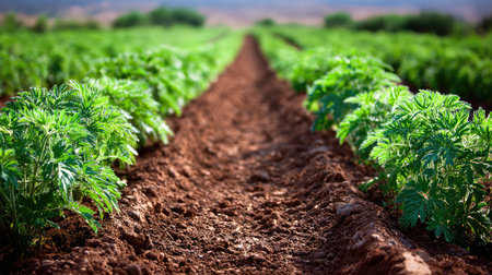 Overview of neat farm rows with watermelon plants spaced for optimal growthの素材