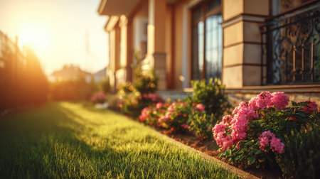A picturesque front lawn bordered with blooming plants lit by warm and golden morning raysの素材