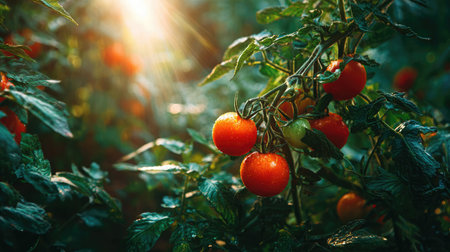 Sunlight shining through the leaves of a tomato plant filled with red and yellow tomatoes in a gardenの素材