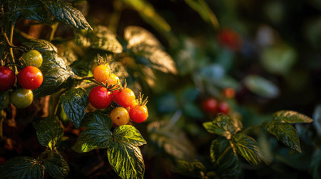 Sunlight shining through the leaves of a tomato plant filled with red and yellow tomatoes in a gardenの素材