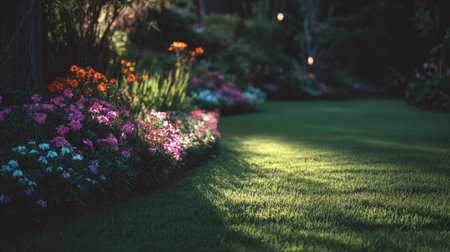 Neatly manicured lawn with a patch of vibrant flowers soaking in morning sunlightの素材