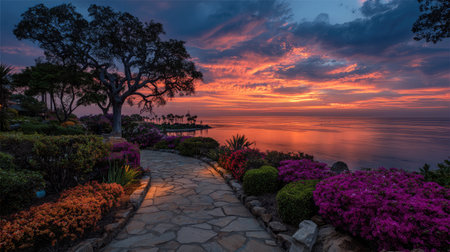 Peaceful front garden with vibrant colors emerging as the sun rises over the horizonの素材