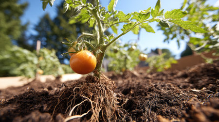Healthy tomato plant rooted in compost-rich soil, producing fruit under bright sunの素材