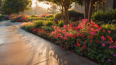 Pink and red blooms reflect golden morning sunlight in a symmetrical front garden designの素材