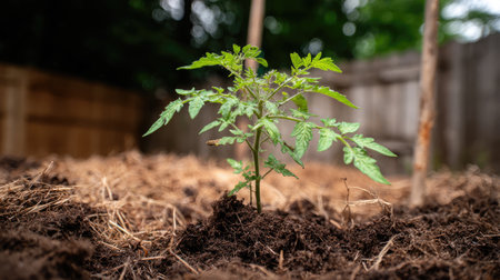Tomato plant growing in a raised garden bed with rich soil and healthy green vinesの素材