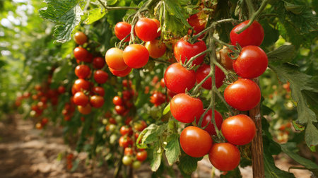 Sun-kissed tomato plant with bright red fruit hanging below leaf canopy on summer dayの素材