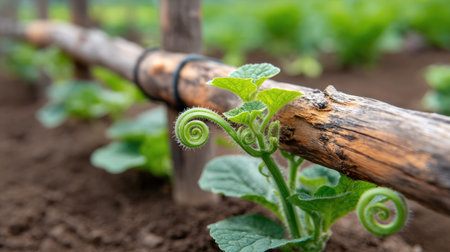 Curled watermelon tendrils grasping onto garden fence in a homegrown setupの素材