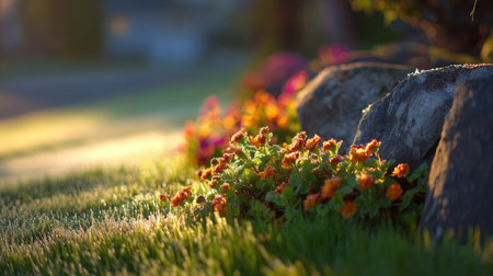 Sunlit flowers in a suburban front yard shimmer in the early dew of a calm morningの素材
